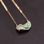 S Shaped Diamond Opal Fossil Shell Necklace 18K Yellow Gold