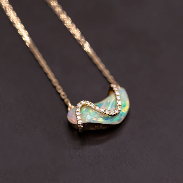 S Shaped Diamond Opal Fossil Shell Necklace 18K Yellow Gold