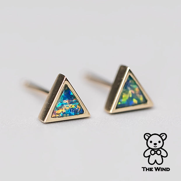 Geometric Triangle Shaped Australian Doublet Opal Stud Earrings 14K Yellow Gold