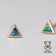 Geometric Triangle Shaped Australian Doublet Opal Stud Earrings 14K Yellow Gold
