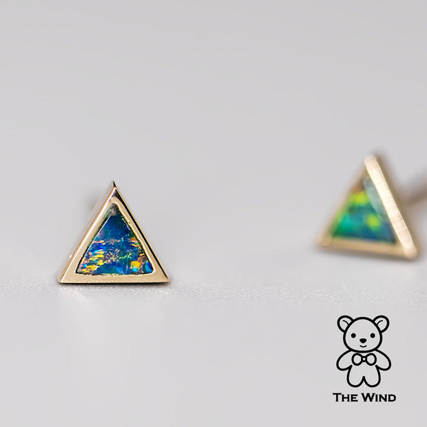 Geometric Triangle Shaped Australian Doublet Opal Stud Earrings 14K Yellow Gold