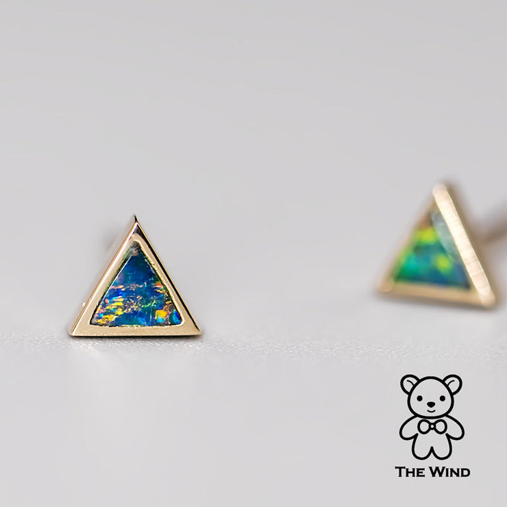 Geometric Triangle Shaped Australian Doublet Opal Stud Earrings 14K Yellow Gold
