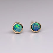 Small Round Australian Doublet Opal Stud Earrings 14k Yellow Gold