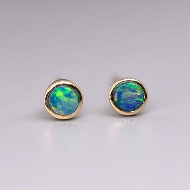 Small Round Australian Doublet Opal Stud Earrings 14k Yellow Gold
