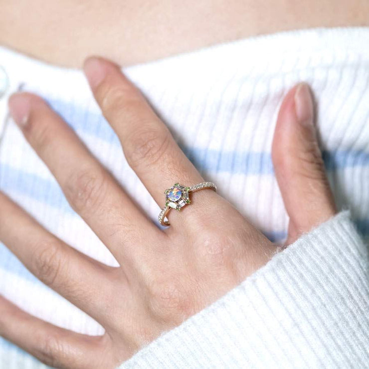 The One - Black Opal, Baguette Cut Diamond, Tsavorite Engagement Ring 14K Gold