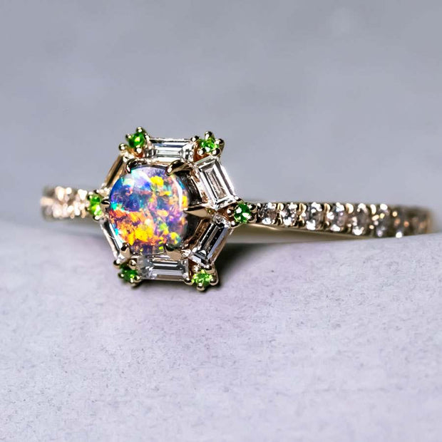 The One - Black Opal, Baguette Cut Diamond, Tsavorite Engagement Ring 14K Gold