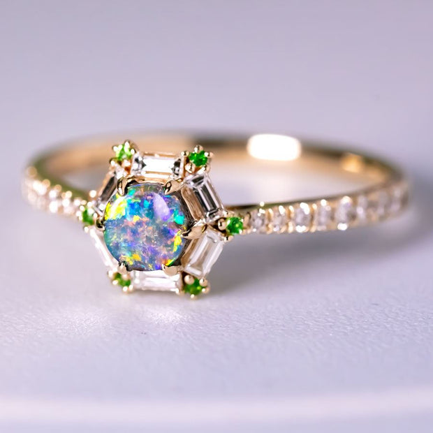The One - Black Opal, Baguette Cut Diamond, Tsavorite Engagement Ring 14K Gold