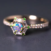 The One - Black Opal, Baguette Cut Diamond, Tsavorite Engagement Ring 14K Gold