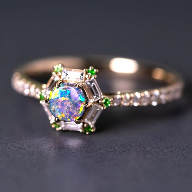 The One - Black Opal, Baguette Cut Diamond, Tsavorite Engagement Ring 14K Gold