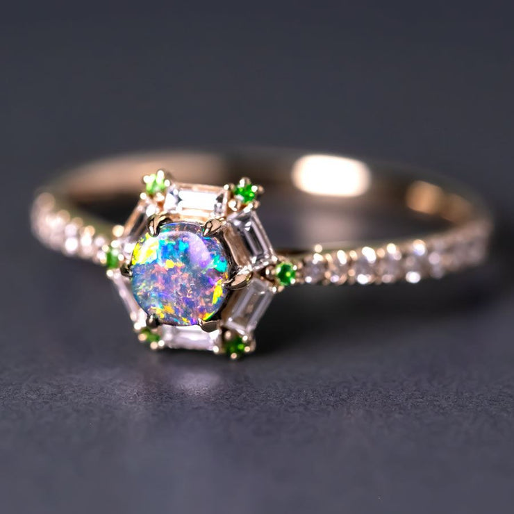 The One - Black Opal, Baguette Cut Diamond, Tsavorite Engagement Ring 14K Gold