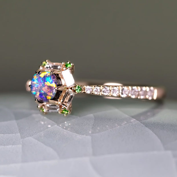 The One - Black Opal, Baguette Cut Diamond, Tsavorite Engagement Ring 14K Gold