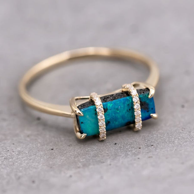 The Rectangle - Australian Boulder Opal & Diamond Engagement Ring 18K Gold
