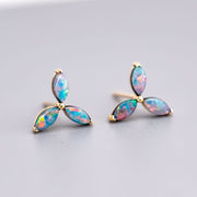 Three Stone Marquise Doublet Opal Stud Earrings 18K Yellow Gold