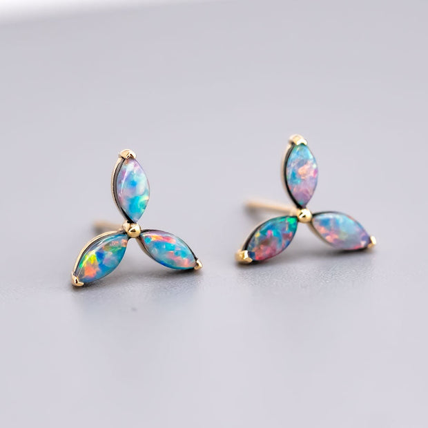 Three Stone Marquise Doublet Opal Stud Earrings 18K Yellow Gold