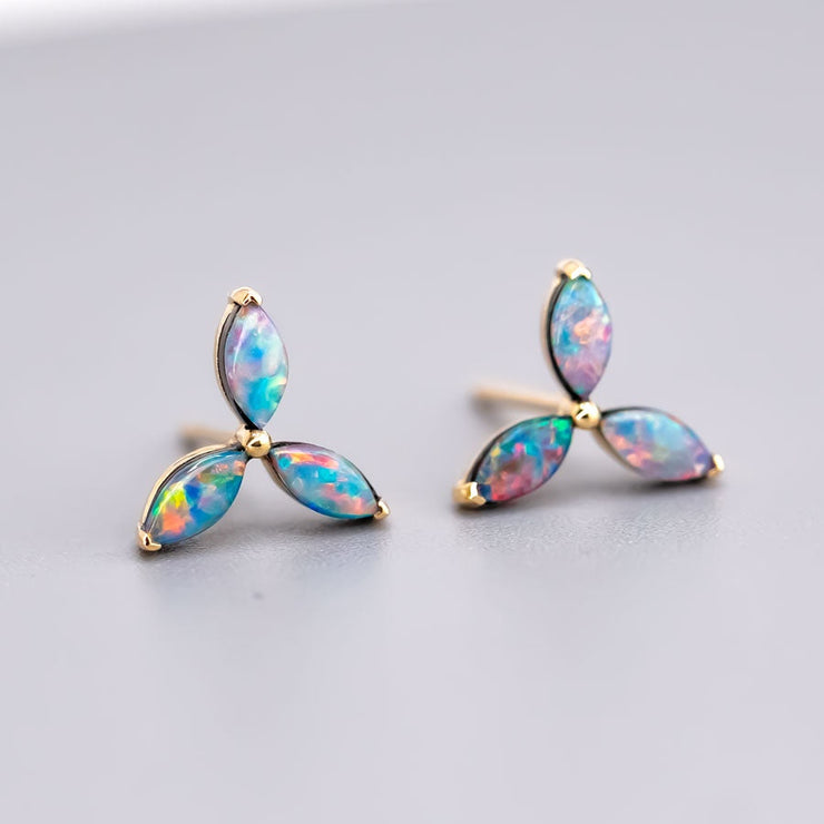 Three Stone Marquise Doublet Opal Stud Earrings 18K Yellow Gold