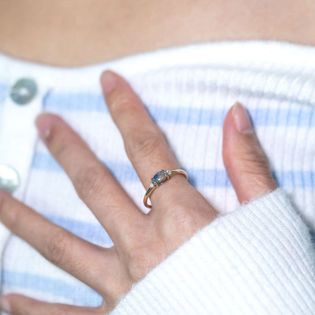 Three Stones Black Opal Diamond Engagement Ring 14K Yellow Gold