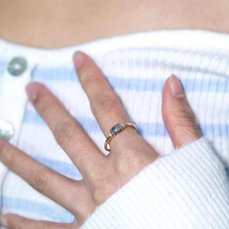 Three Stones Black Opal Diamond Engagement Ring 14K Yellow Gold