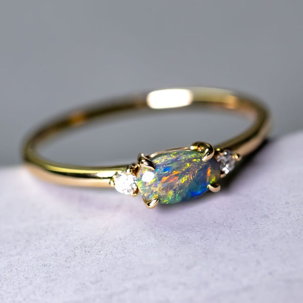 Three Stones Black Opal Diamond Engagement Ring 14K Yellow Gold