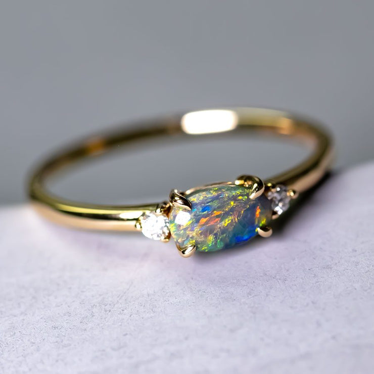 Three Stones Black Opal Diamond Engagement Ring 14K Yellow Gold