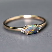 Three Stones Black Opal Diamond Engagement Ring 14K Yellow Gold
