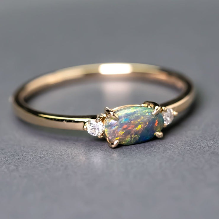 Three Stones Black Opal Diamond Engagement Ring 14K Yellow Gold