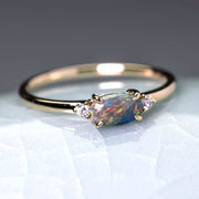 Three Stones Black Opal Diamond Engagement Ring 14K Yellow Gold