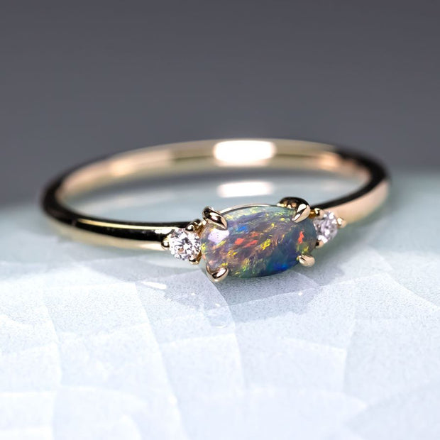 Three Stones Black Opal Diamond Engagement Ring 14K Yellow Gold