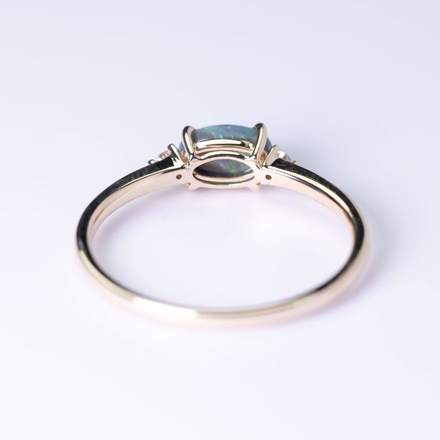 Three Stones Black Opal Diamond Engagement Ring 14K Yellow Gold