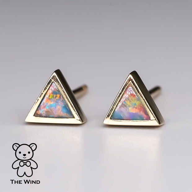 Geometric Triangle Shaped Australian Doublet Opal Stud Earrings 14K Yellow Gold