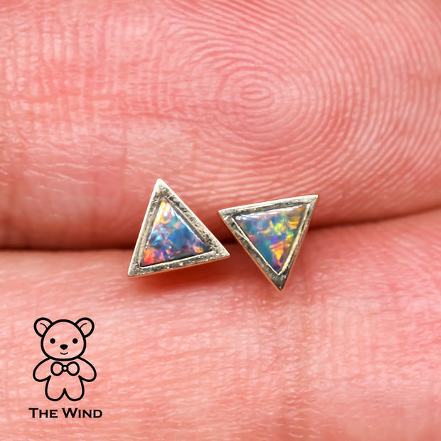 Geometric Triangle Shaped Australian Doublet Opal Stud Earrings 14K Yellow Gold