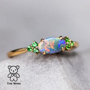 Bright Australian Semi-Black Opal and Tsavorite Garnet Engagement Wedding Ring