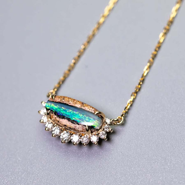 Unique Pattern Australian Boulder Opal Halo Diamond Necklace 18K Yellow Gold