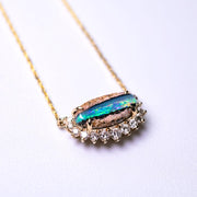 Unique Pattern Australian Boulder Opal Halo Diamond Necklace 18K Yellow Gold