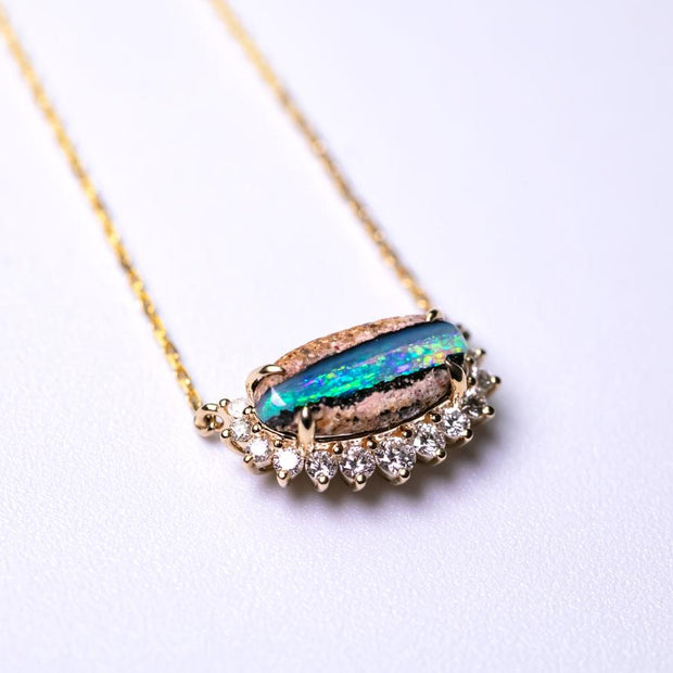 Unique Pattern Australian Boulder Opal Halo Diamond Necklace 18K Yellow Gold