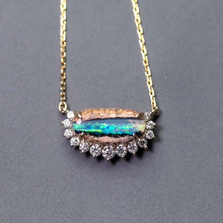 Unique Pattern Australian Boulder Opal Halo Diamond Necklace 18K Yellow Gold