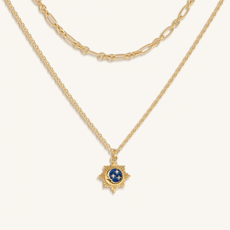 Reflected Bliss Gold Moon & Stars Double Chain Gold Necklace
