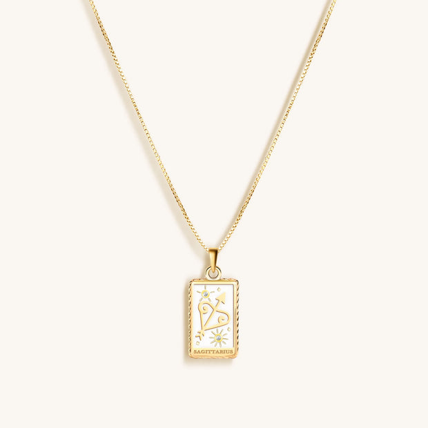 Optimistic Temperament - White Enamel Sagittarius Card Necklace