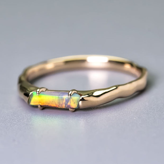 14K Yellow Gold Band with Black Opal Engagement Ring