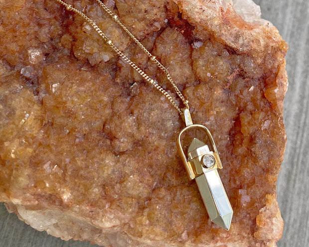 14K Gold and Sterling Vertical "Crystallized" Metal pendant with Natural Rose Cut Diamond