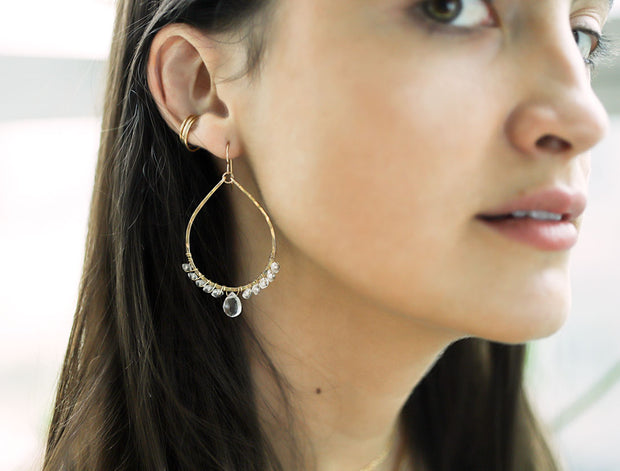 Teardrop Gemstone Arc Earrings - Crystal Quartz and Aquamarine