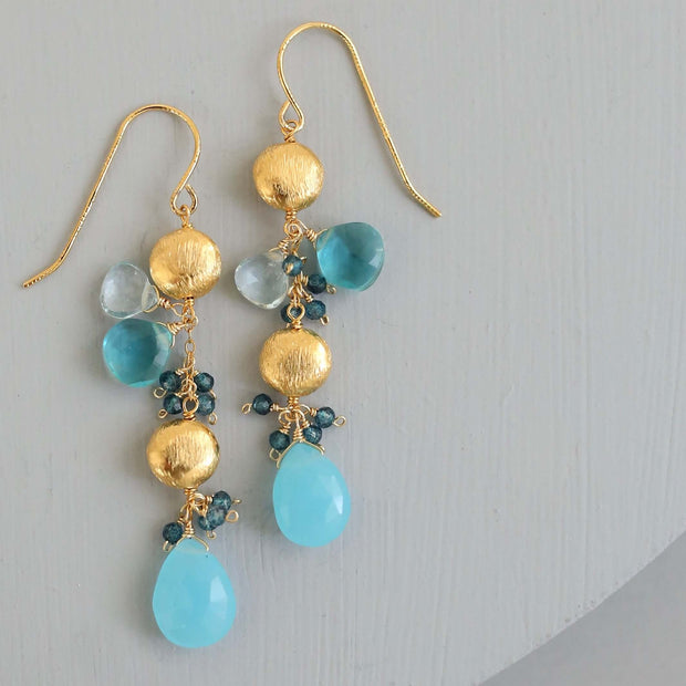 Blue Chalcedony & Aquamarine Gold Drop Earrings