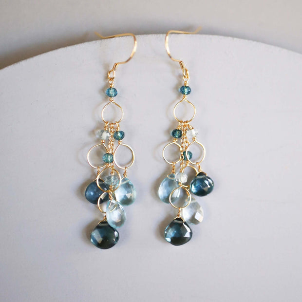 Iolite & Aquamarine Gold Waterfall Earrings