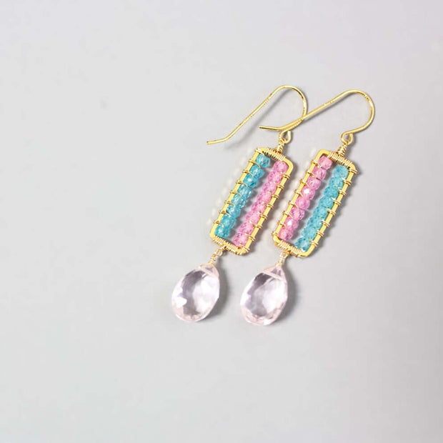 Pink Clear Quartz Wire-Wrapped Parallel Earrings