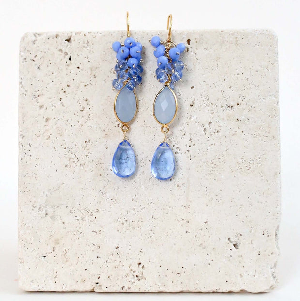 Dark Blue Chalcedony Bezel Cluster Earrings