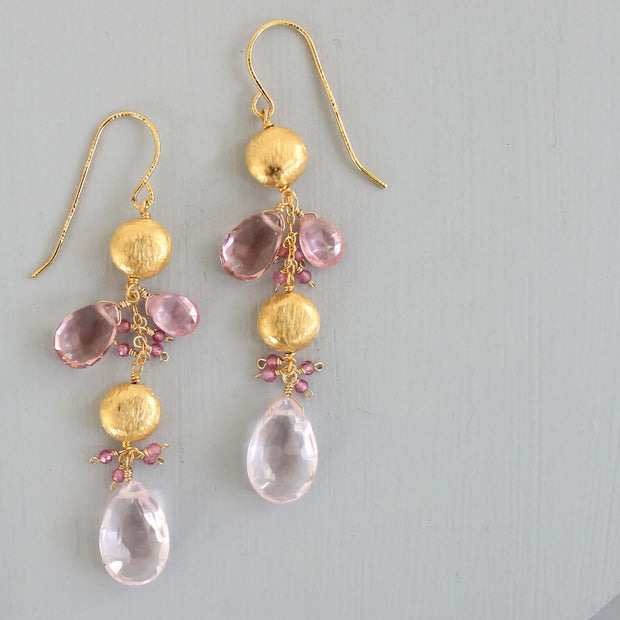 Pink Clear Quartz & Pink Tourmaline Gold Drop Earrings