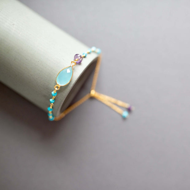 Aqua Blue Chalcedony Adjustable Gemstone Bracelet - Gold