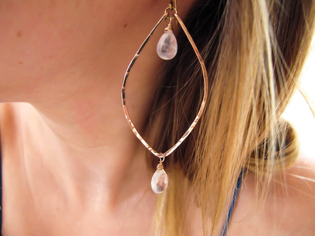 Rose Gold Leaf Gemstone Earrings - Rose Quartz