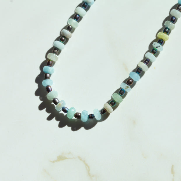 Aquamarine and Black Pearl Gemstone Necklace